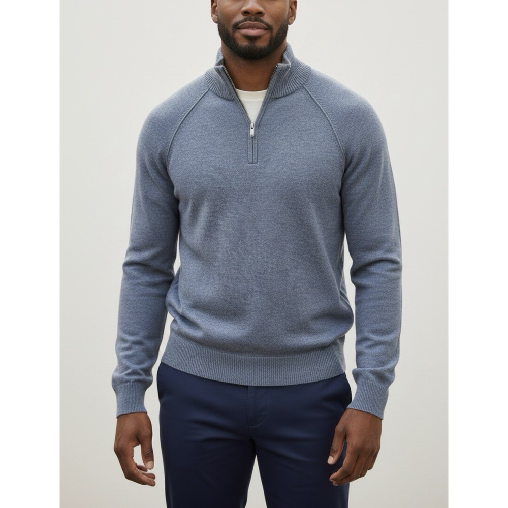 NAADAM Wool Cashmere Mens Quarter Zip Sweater M Blue Quiet Luxury Minimalist